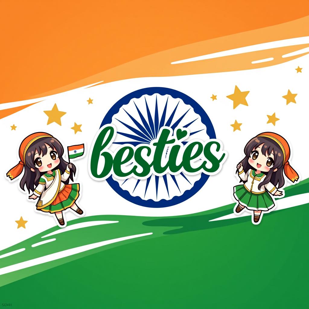  design a festive and cute profile picture logo for a group named 'besties' to celete independence day in india, with an anime aesthetic. the logo should feature vint colors from the indian flag (saffron, white, and green) and include anime style ilrations of a cute and in the corners. they should be dressed in traditional indian attire or holding small flags. the central part of the logo should display 'besties' in a , anime inspired font. add anime style independence day elements, such as stylized fireworks or the ashoka chakra, to enhance the festive mood. the overall design should be charming, colorful, and full of celetory spirit.