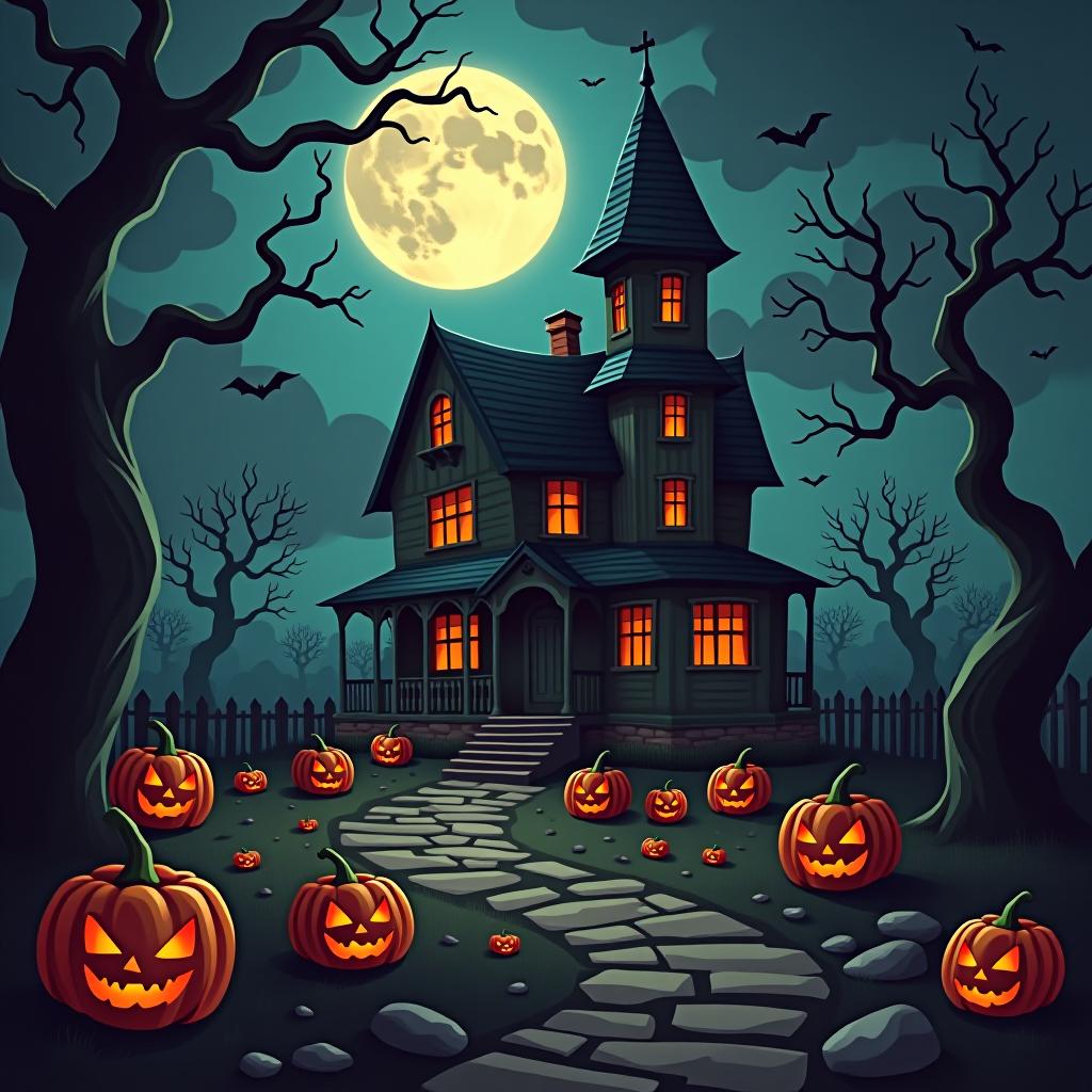  create a seamless digital painting of a spooky, halloween themed scene featuring a haunted house with gothic architecture. the house should be surrounded by twisted, gnarled trees and a multitude of jack o' lanterns. the scene should include a dark, cloudy sky to enhance the eerie atmosphere. the overall style should be detailed and atmospheric, capturing the essence of a haunted, creepy environment perfect for halloween, ensuring the design is seamless for use in repeating patterns or wraps.