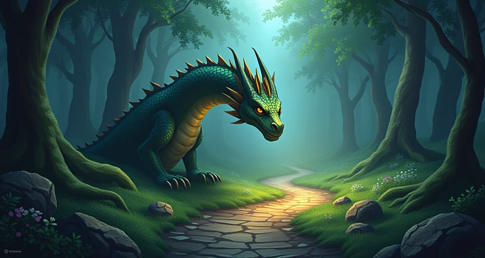  a dragon with shimmering scales, looming over a split path in an enchanted forest. one path is dark and twisted, the other bright and inviting, representing confrontation with difficult decisions.. the style is digital art illustration,highly detailed, whimsical,magical, dreamlike atmosphere, realism and fantasy blend, smooth, glossy textures,luminous quality, wonder and enchantment.