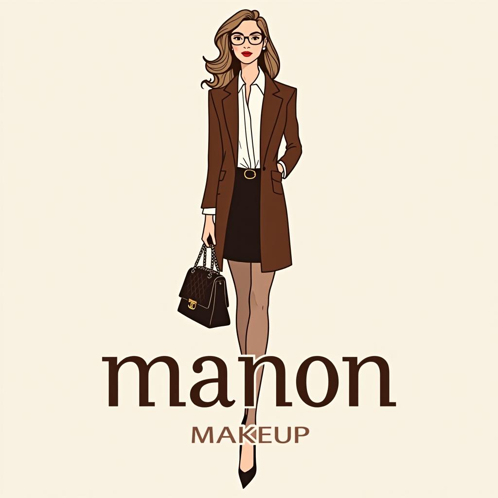  design a logo, a tall light brown haired woman with glasses holding a chanel bag, with the text 'manon makeup '.