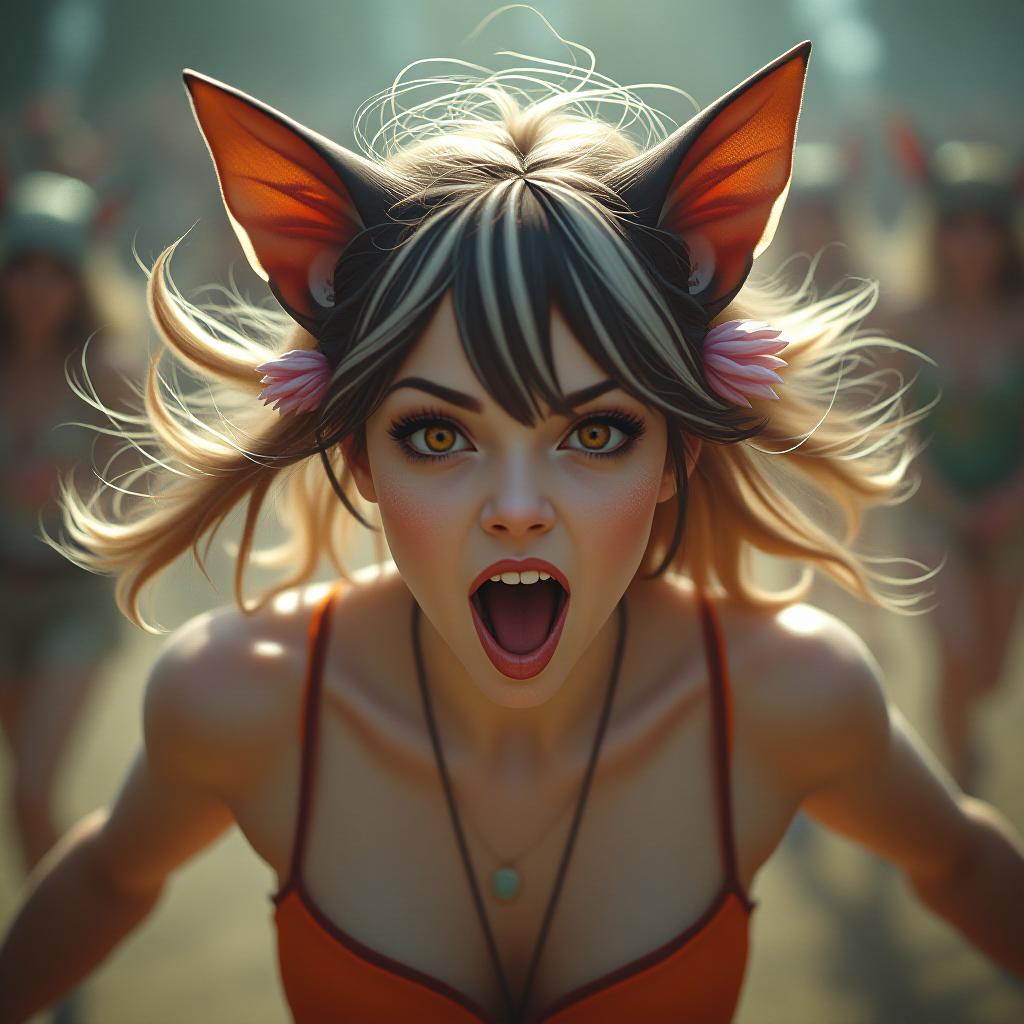  woman, streaked hair, hair flower, empty eyes, bat ears, tongue, running with arms extended, zoo, bust chart, lens flare, from outside, blending, social realism, hd, overexposure, reflection light, award winning, professional, highly detailed, masterpiece