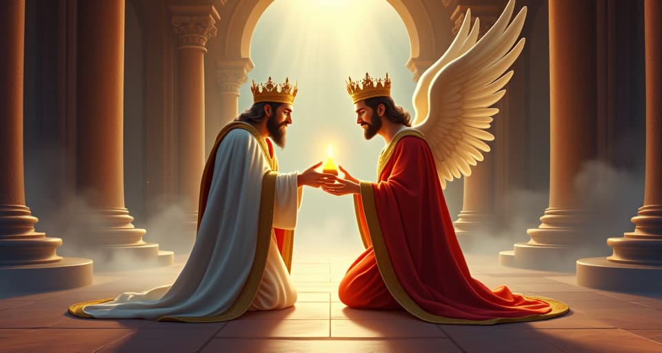  a royal figure being anointed by an angel in a sacred, celestial palace. the figure, dressed in regal, flowing attire, kneels as the angel pours oil from a luminous vessel. the scene is filled with sparkling orbs and radiant light, emphasizing the sacredness of roles such as king, prophet, or priest.. the style is digital art illustration,highly detailed, whimsical,magical, dreamlike atmosphere, realism and fantasy blend, smooth, glossy textures,luminous quality, wonder and enchantment.