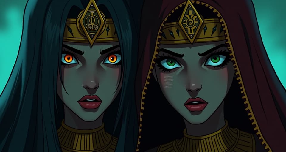  friends' faces, pale and wide eyed, expressions of shock and fear, dimly lit, dramatic shadows. the style is digital art illustration / modern comic book / mysterious occult, symbolic, esoteric vibe,high detail on character design, incorporating ancient egyptian symbology and attire.