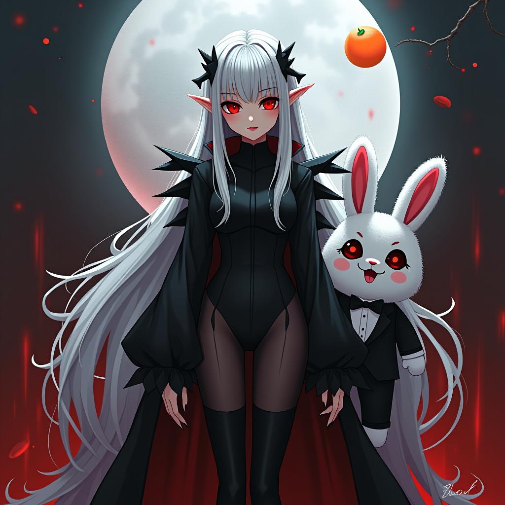  concept art anime fantasy magical world, vampire , white and silver hair, straight bangs, 2 strands of hair in front of the ears, 2 strands sticking out on the sides, very long hair, glowing blood black red eyes, short horizontal elven ears, black succubus suit, black boots on a high sole, bloody "miliraybrick" inscription on the background, behind the white plush bunny toy with bloody eyes in a tuxedo, a bloody night behind the moon, an orange in the air, an orange rot . digital artwork, ilrative, painterly, matte painting, highly detailed