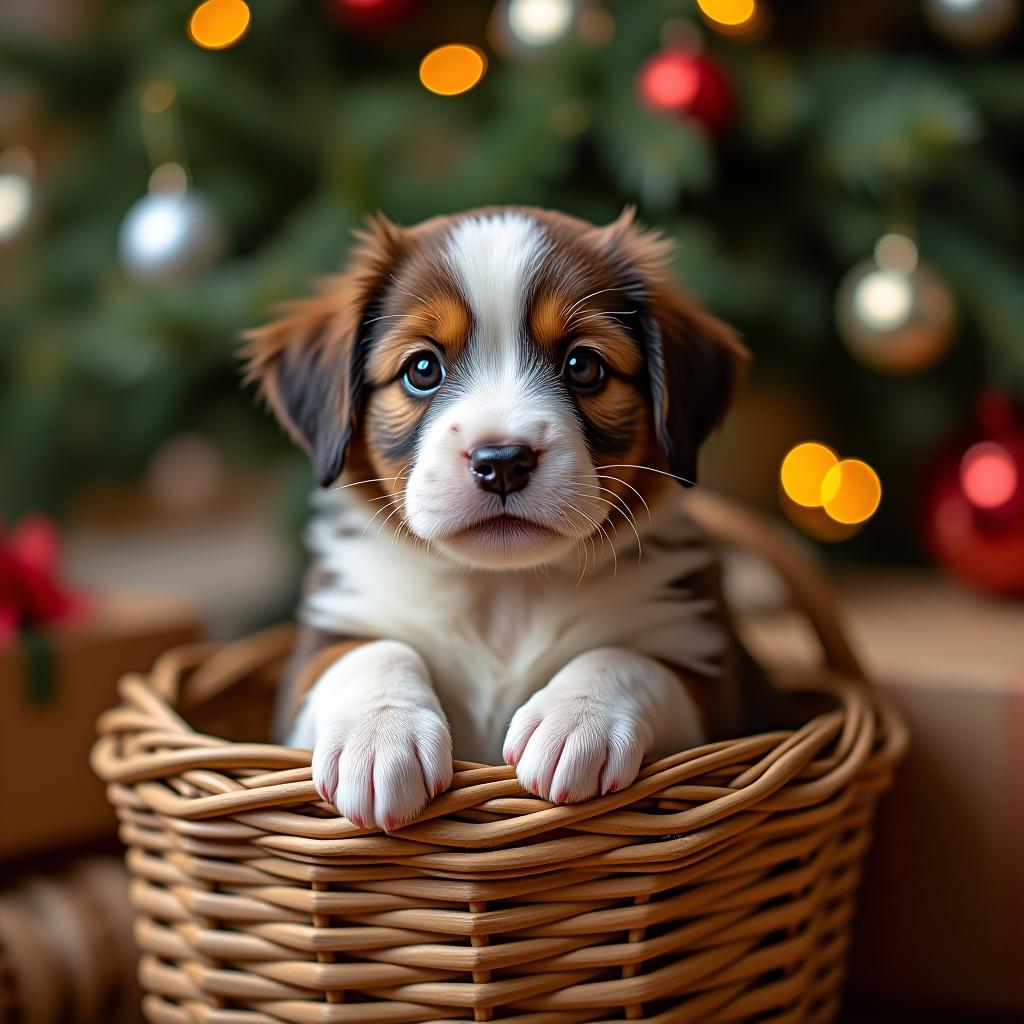  a puppy in a woven basket against the background of a christmas tree.