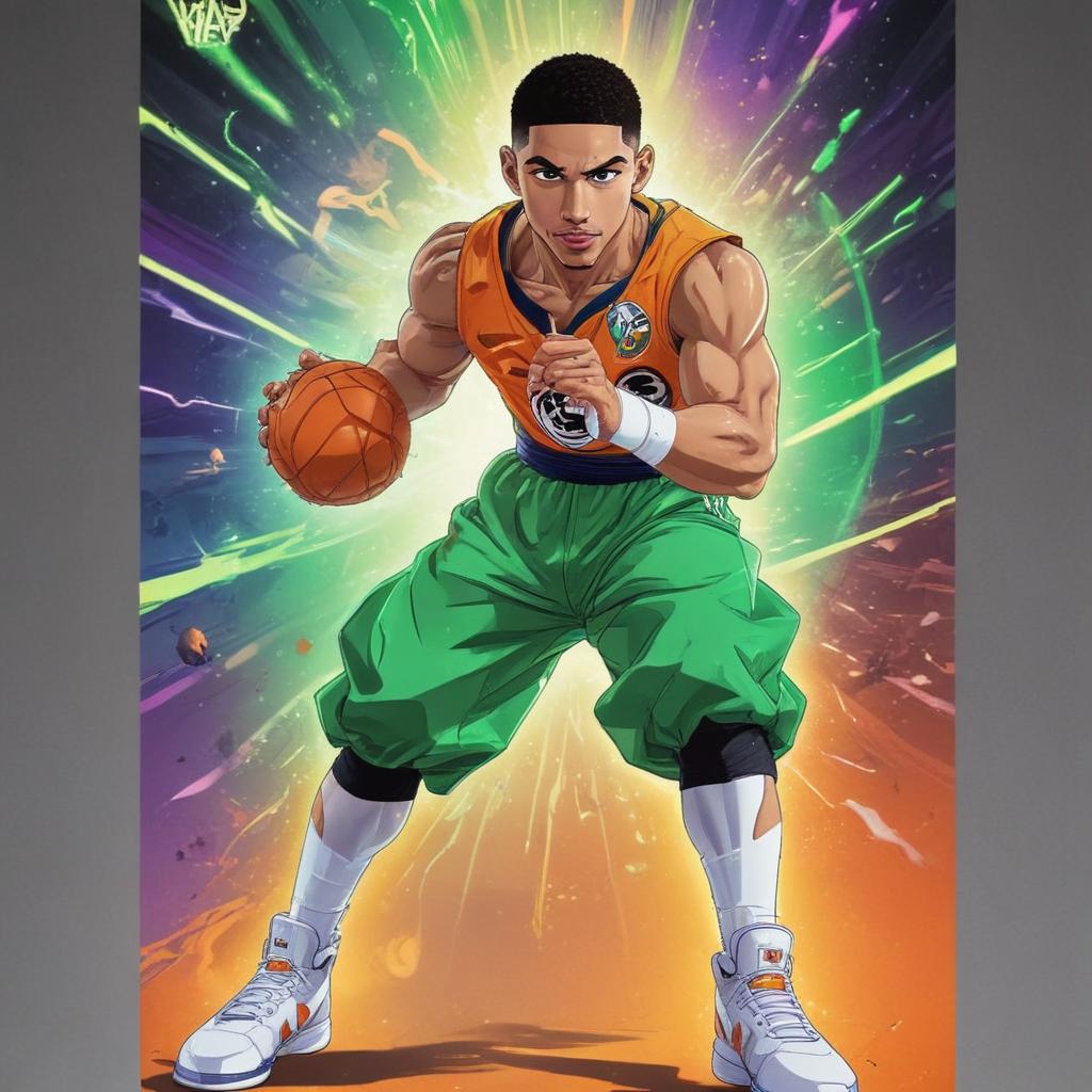 distance-shot, flashy, full-body, dynamic, holographic, animated cartoon poster of jayson tatum in the style of dragon ball super