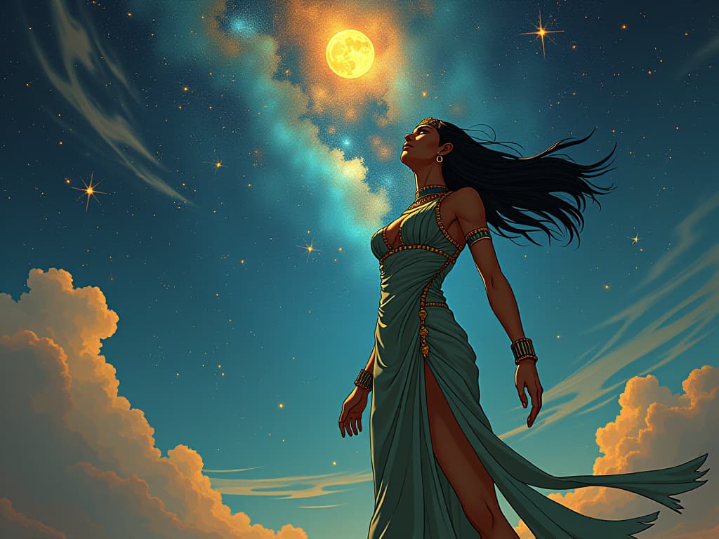  starlit sky with large busted figure in tight dress looking up, symbols of connectivity floating, universe's benevolence reinforcing interconnected beliefs. the style is digital art illustration / modern comic book / mysterious occult, symbolic, esoteric vibe,high detail on character design, incorporating ancient egyptian symbology and attire.