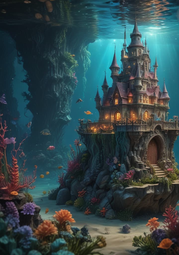 Craft a fantasy world under the sea, filled with mermaids, seahorses, and underwater castles. highly detailed,studio lighting,professional,vivid colors, cinematic lighting, HDR, UHD, 4K, 8k, 64K