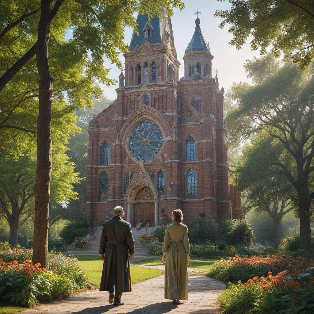 ((masterpiece)),(((best quality))), 8k, high detailed, ultra detailed,A beautiful painting of the Saint Anthony Church, bell tower, stained glass windows, lush green gardens, gentle sunlight filtering through the trees, colorful flowers in the foreground hyperrealistic, full body, detailed clothing, highly detailed, cinematic lighting, stunningly beautiful, intricate, sharp focus, f/1. 8, 85mm, (centered image composition), (professionally color graded), ((bright soft diffused light)), volumetric fog, trending on instagram, trending on tumblr, HDR 4K, 8K