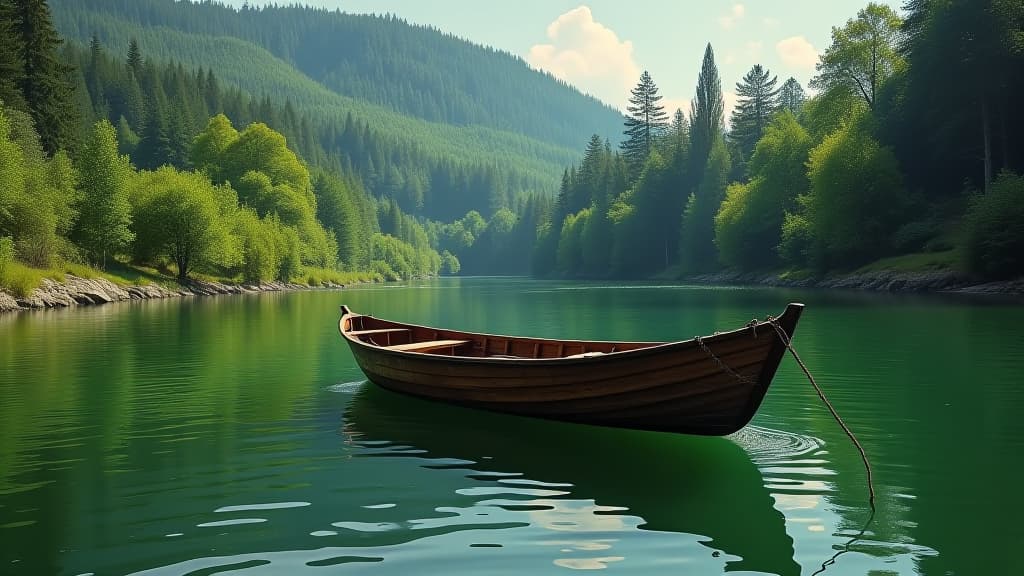  vintage retro wooden fishing boat on green river or lake water surrounded by forest trees nature. summer outdoor tranquil environment