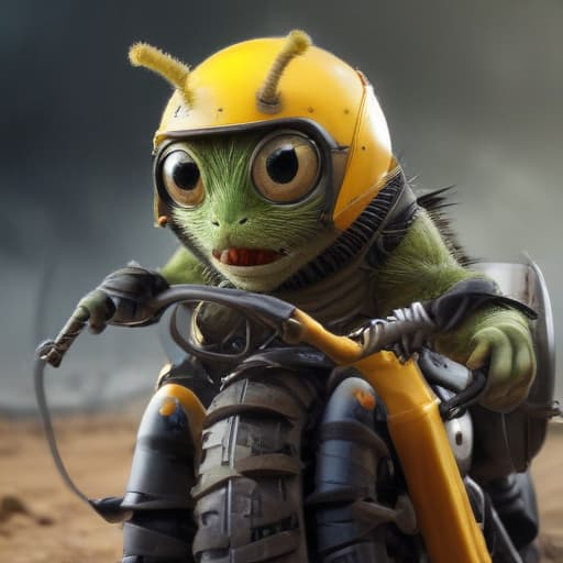 The caterpillar wears a safety helmet and rides a motorcycle.