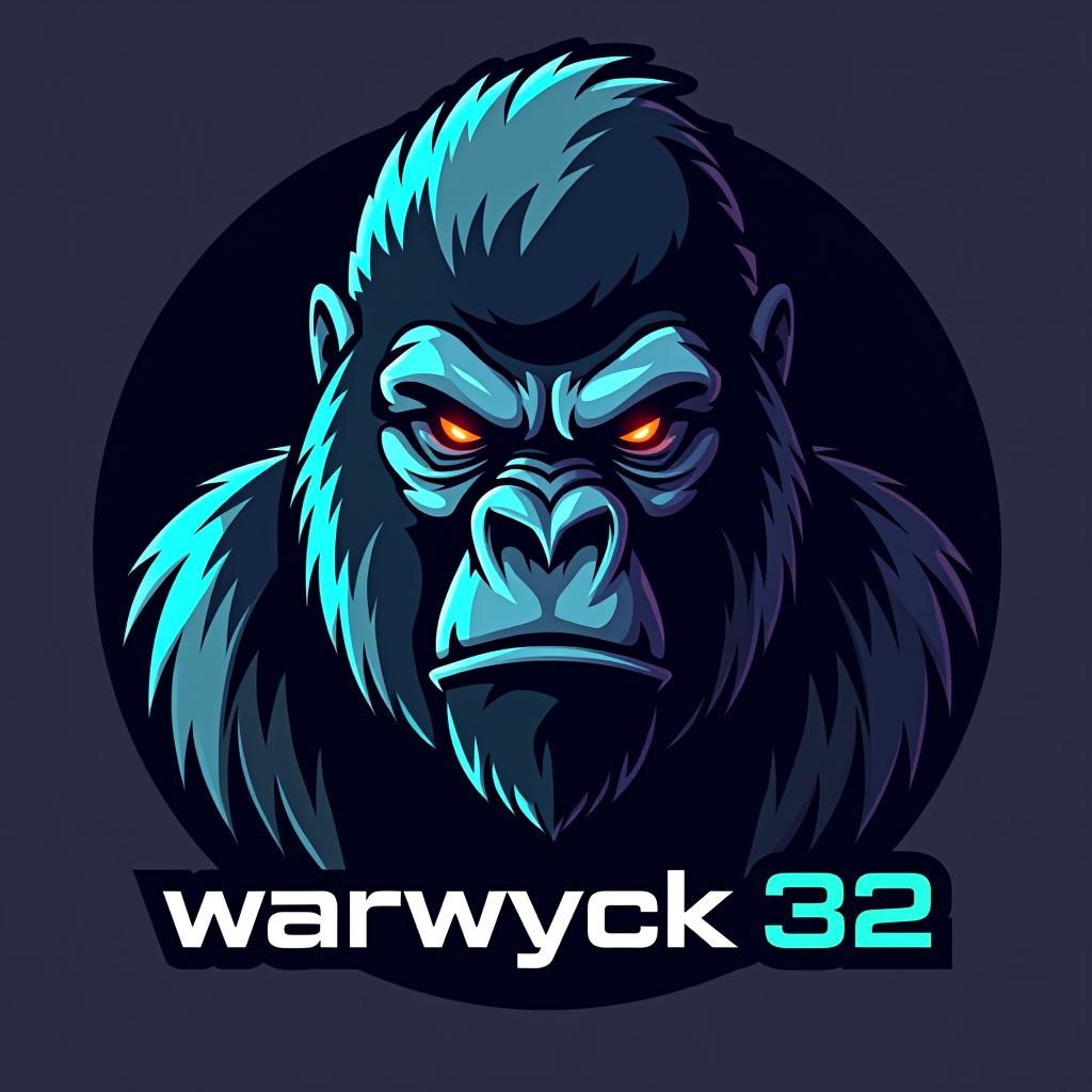  design a logo, in a realism style. electronic gorilla, with the text 'warwyck 32'.