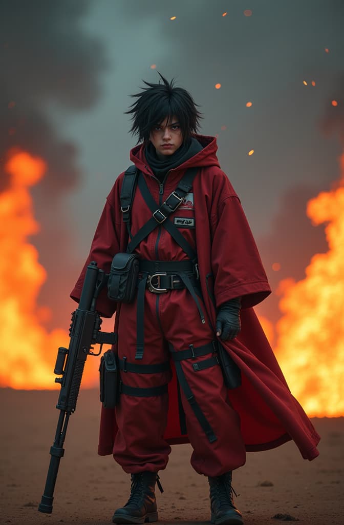  create a gang name "the akatsuki elites" holding machine gun in hand and standing on blazing hot ground with fire all over the place. hyperrealistic, full body, detailed clothing, highly detailed, cinematic lighting, stunningly beautiful, intricate, sharp focus, f/1. 8, 85mm, (centered image composition), (professionally color graded), ((bright soft diffused light)), volumetric fog, trending on instagram, trending on tumblr, HDR 4K, 8K