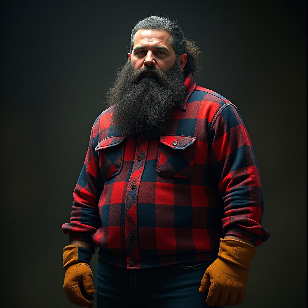  now make a lumberjack 6,10 260 pounds with a red checkered lumberjack sweater with yellowish brown working gloves dark or light jeans with slip on working boots with a dark big bushy beard and bushy long hair make sure it’s realistic and scary in a dark atmosphere and make sure he’s not fat and is tall