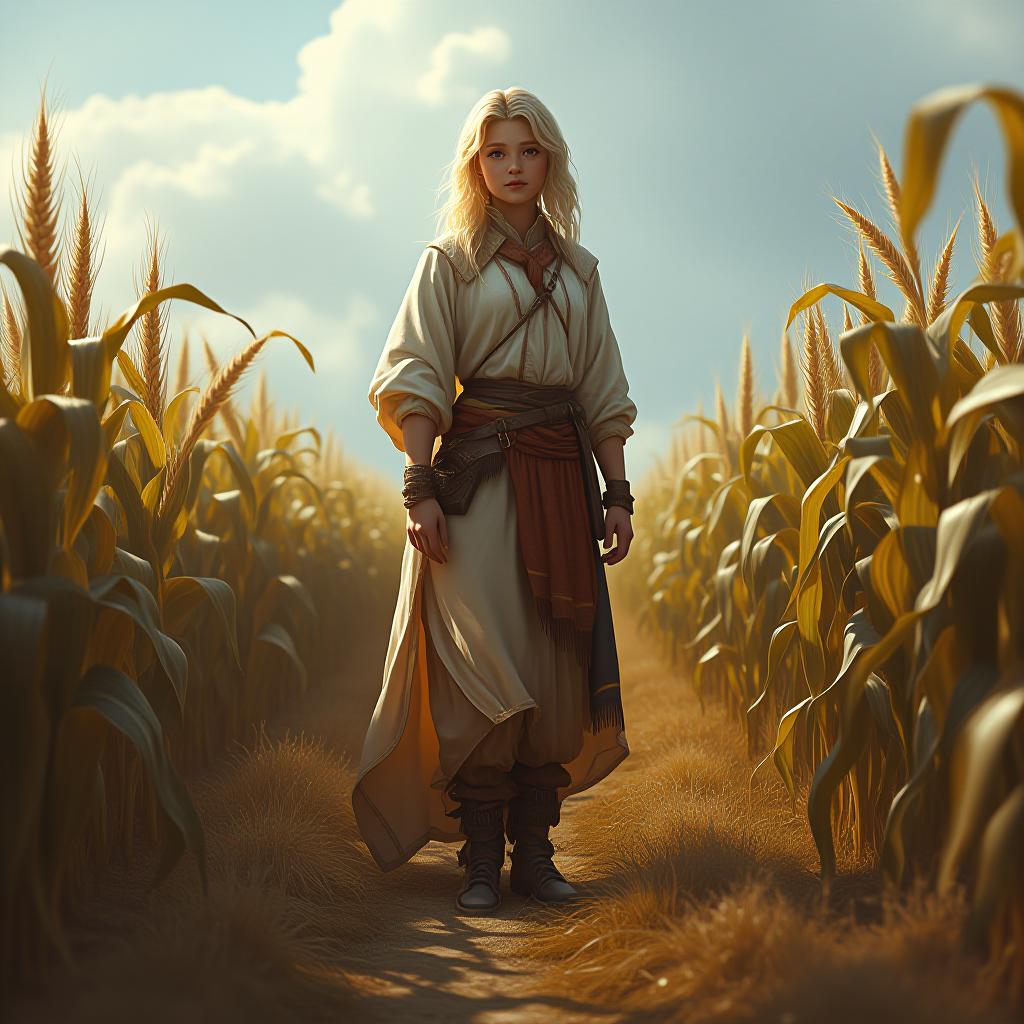  role playing game (rpg) style fantasy , blonde hair, age 14, full body view, you can see and feet, , , skin, cloth, standing in corn field,, detailed, vint, immersive, reminiscent of high fantasy rpg games, high details, good quality