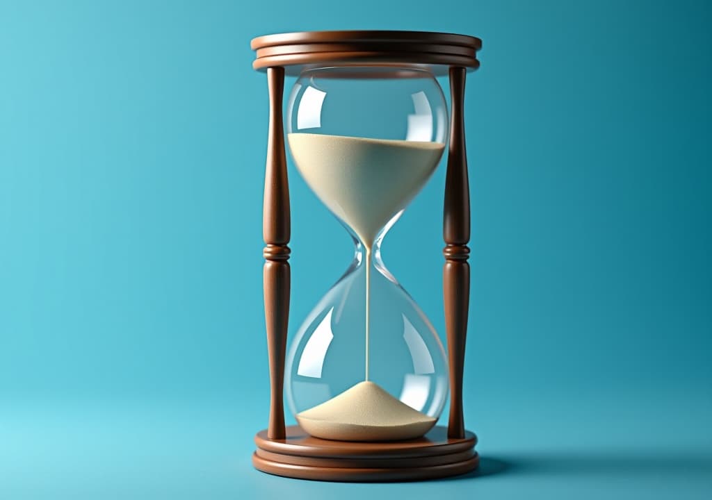  an hourglass filled with sand flowing steadily. isolated on blue background with copy space. tracking time concept