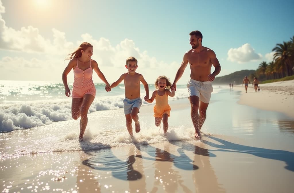  running, water splash and happy family at beach with fun, bonding or freedom on summer, vacation and holiday. travel, energy or kids with parents at ocean for adventure, journey or games in florida ar 3:2 {prompt}, maximum details