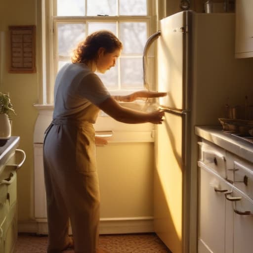 A photo of a skilled technician repairing a vintage refrigerator in a quaint, sunlit kitchen during the late afternoon. The warm, golden light filters through the window, casting soft shadows on the tools and parts scattered on the countertop, creating a cozy yet industrious atmosphere.