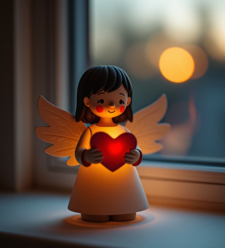  the figurine of a girl, an angel, holds a heart in her hands, 3d, on paper, behind the window, evening.