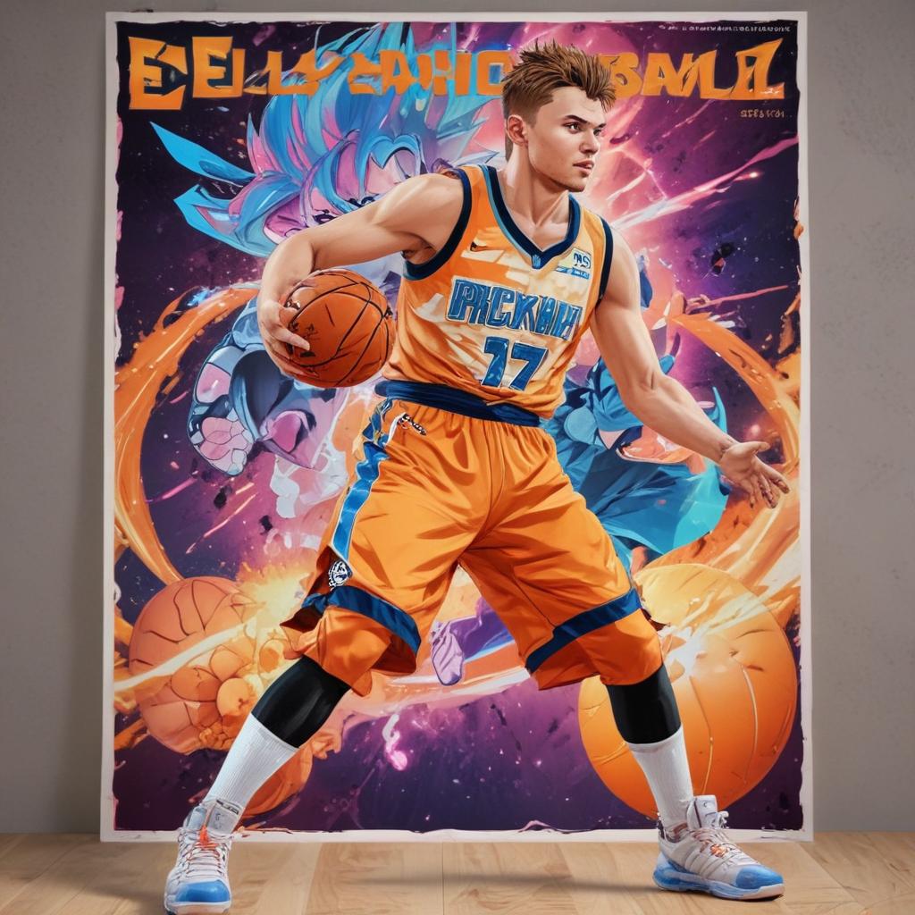 distance-shot, flashy, full-body, dynamic, holographic, animated cartoon poster of luka doncic in the style of dragon ball super