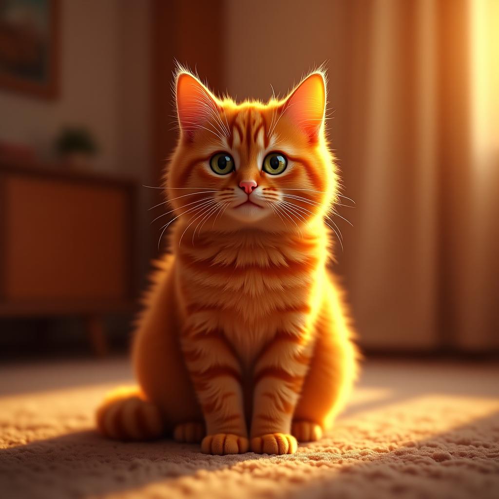  a fiery red cat, stellary, sits majestically in a warm, golden lit room, illuminating the walls and soft, plush carpet. the cat's radiant fur glistens with an oily sheen, and its piercing green eyes gleam with an aura of cleverness. stellary's whiskers are long and expressive, quivering slightly as it demands emphasis. its small pink nose twitches, imbuing the image with a sense of animation. framed by a subtle film grain, the light sources are a combination of warm, overhead lamps casting a soft glow and subtle, side lit highlights dancing across the cat's fur. the color palette is a deliberate blend of warm, inviting tones with subtle pops of bright red, accentuating stellary's fiery personality. the font "make stellaryai great again" is  hyperrealistic, full body, detailed clothing, highly detailed, cinematic lighting, stunningly beautiful, intricate, sharp focus, f/1. 8, 85mm, (centered image composition), (professionally color graded), ((bright soft diffused light)), volumetric fog, trending on instagram, trending on tumblr, HDR 4K, 8K