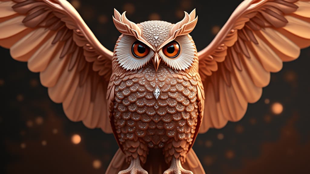  a rose gold owl with diamond studded eyes and spread wings,, high quality, high details, hd, perfect composition, 4k epic detailed, highly detailed, sharp focus, high resolution