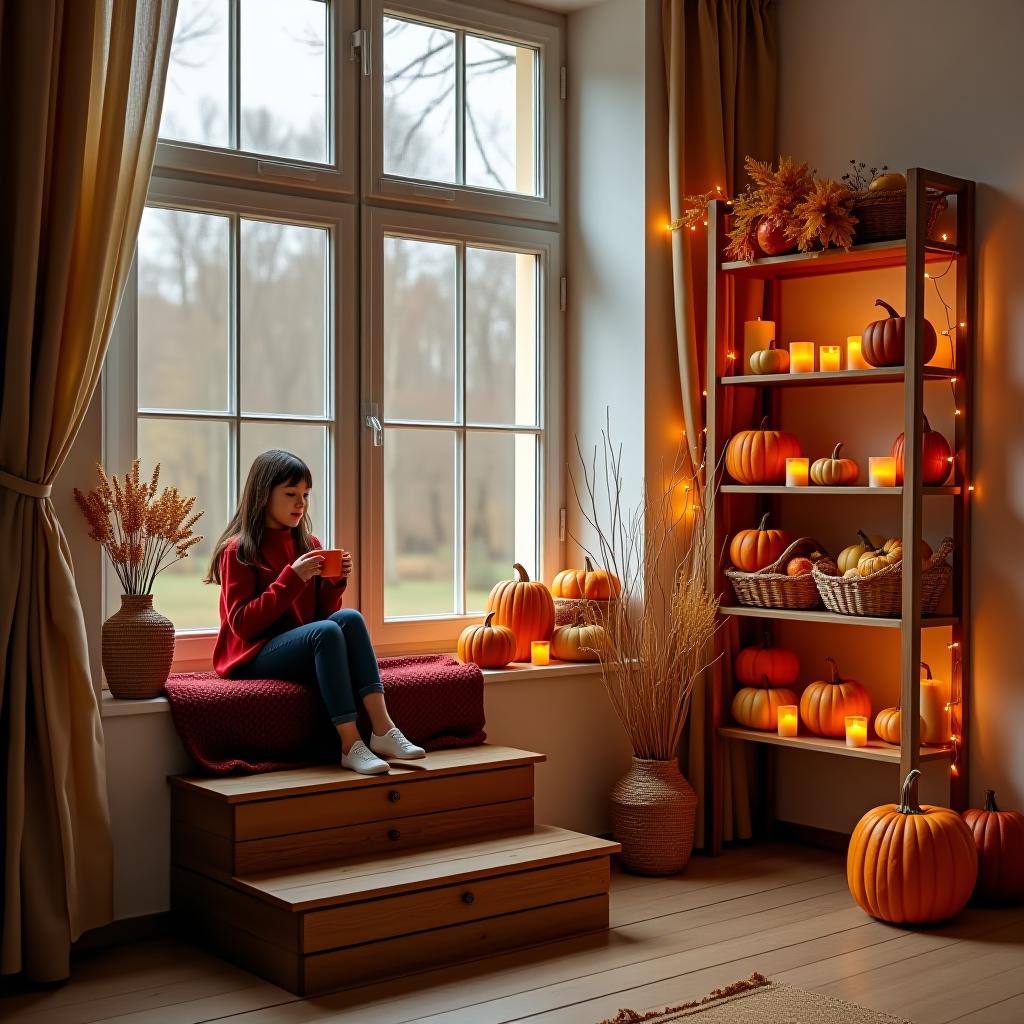  autumn photo zone. a large window with a side view. under the windowsill, there are tall wooden steps. on the steps lies a burgundy knitted blanket. to the right of the window, there is a tall shelf with shelves filled with pumpkins, large baskets of apples, candles, dry yellow leaves, and glowing fairy lights. on the windowsill sits a girl with an orange cup of tea. a beige curtain hangs on the window.