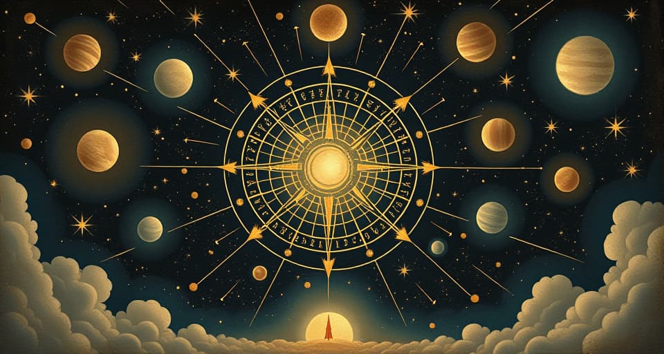  a cosmic tapestry depicting a grand celestial plan, with planets and stars aligned in intricate patterns, dark void of space, divine purpose, universal design, vast and intricate. an illustration in the style of a worn, mystical old tarot trump card, mysterious and elements of surrealism. the colors are muted, somber and eerie, but with contrast bring out an occult and esoteric vibe.