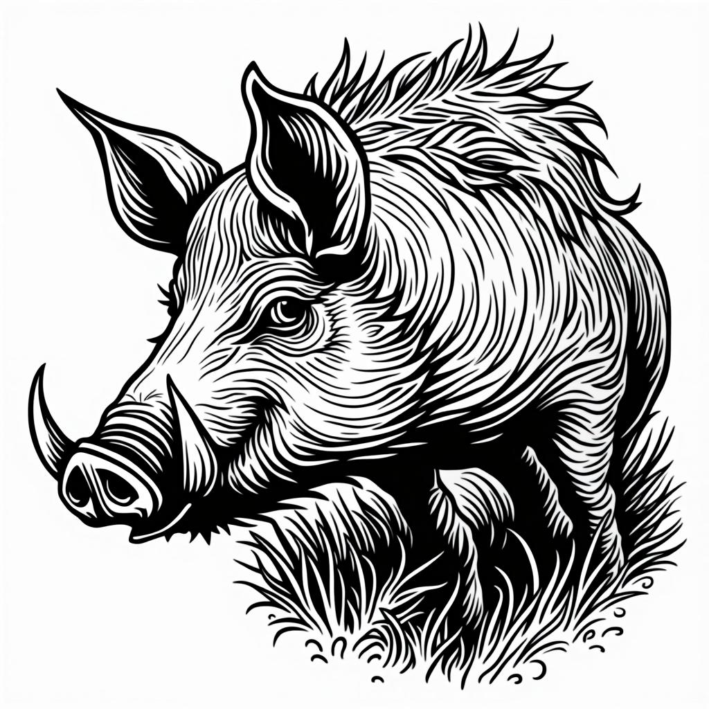  wild pig, (logo:1.15), black and white, hq, hightly detailed, 4k