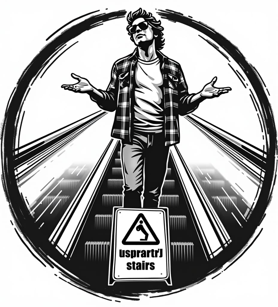  a retro styled, distressed black and white circular vector style logo of mitch hedberg standing on an escalator wearing aviator sunglasses a flannel shirt and shrugging his shoulders. there is a warning sign sandwich board in front of the escalator that says ”escalator temporarily stairs"