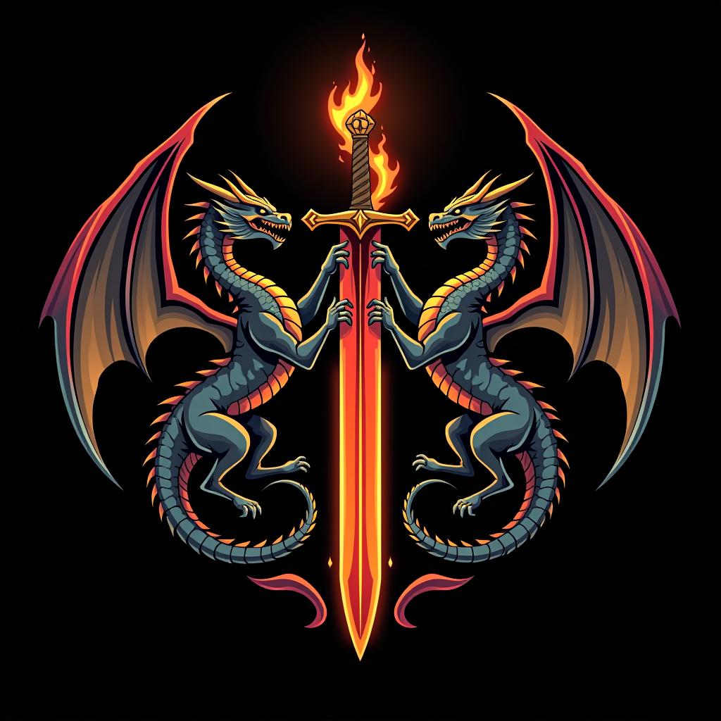  design a logo, custom sticker design on an isolated black background decorated by mythical dragons and a flaming sword