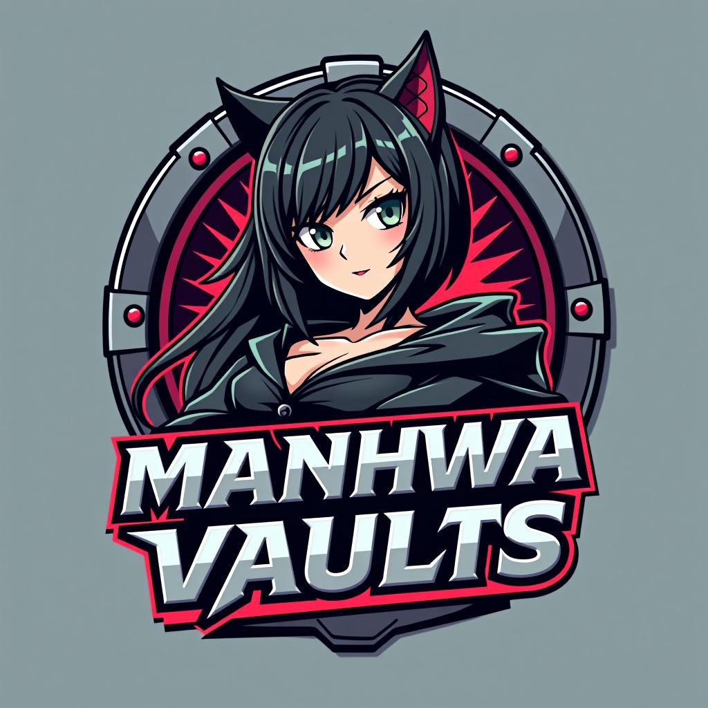  good quality, high quality, "manhwa vaults" logo design, incorporating a manga style hot with expressive eyes and detailed hair, positioned beside the text. the is dressed in a modern, edgy outfit, adding flair to the design. the font is sleek and angular, with metallic accents to emphasize the "vault" concept.