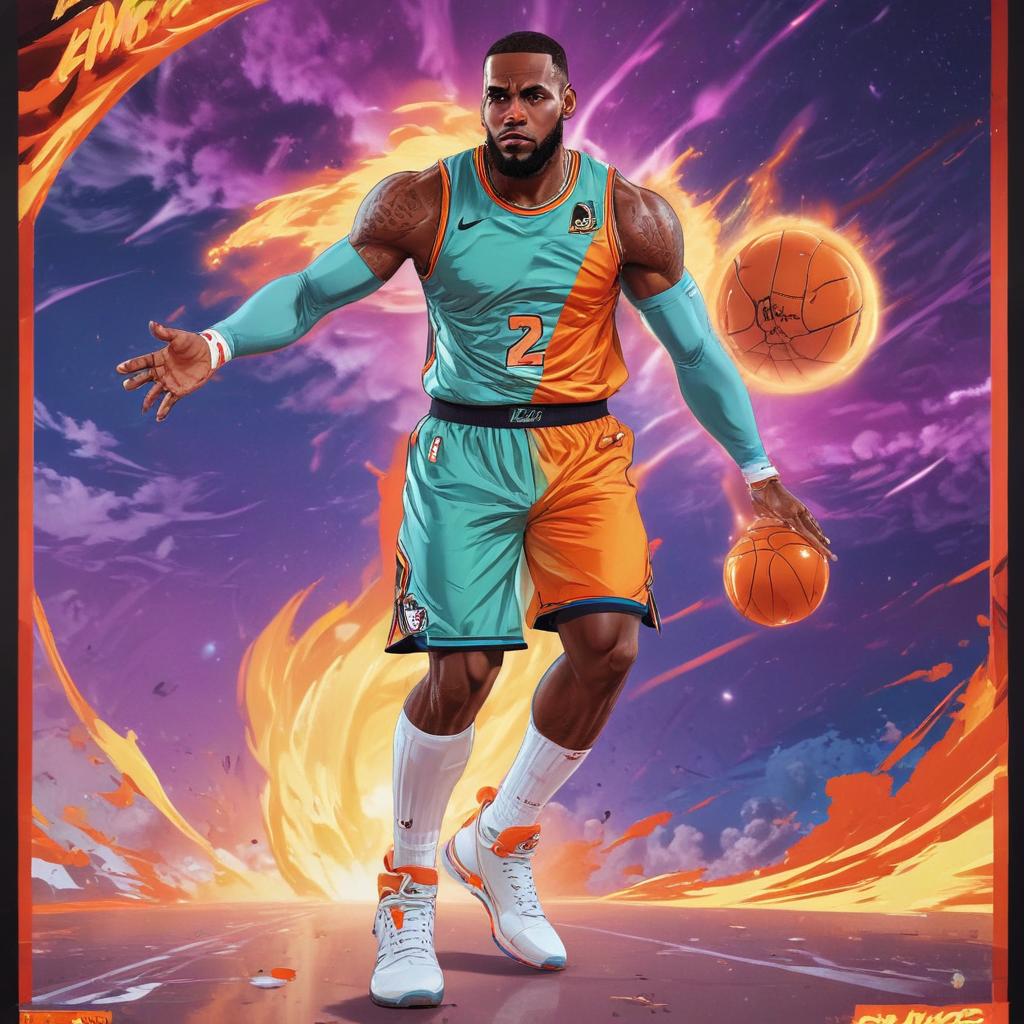 distance-shot, flashy, full-body, dynamic, holographic, animated cartoon poster of lebron james in the style of dragon ball super