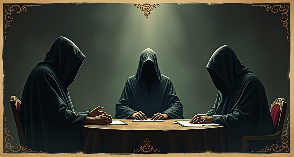  darkened council chamber, figures in hooded cloaks conferring, sinister plotting, shadowy, secretive, oppressive. an illustration in the style of a worn, mystical old tarot trump card, mysterious and elements of surrealism. the colors are muted, somber and eerie, but with contrast bring out an occult and esoteric vibe.