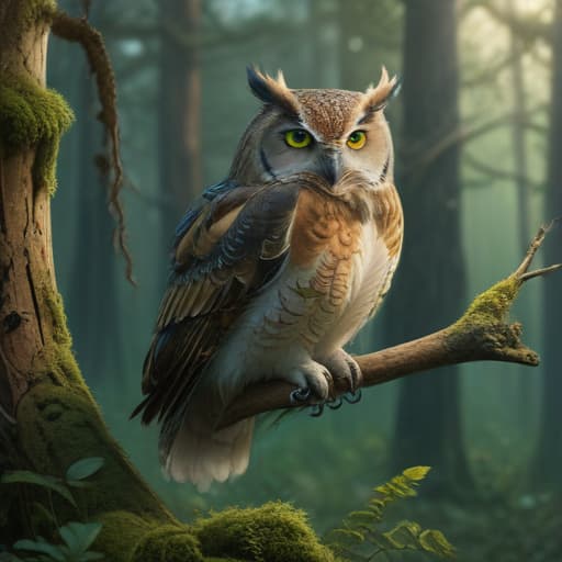 In a serene forest clearing, a wise owl with shimmering emerald eyes perches on a branch, surrounded by swirling gusts of wind. Its feathers are a blend of deep greens and earthy browns, with intricate patterns resembling ancient runes. The owl extends a wing towards a graceful deer standing nearby, its fur a mix of soft blues and whites. As the wind picks up, the two creatures swap positions with a seamless flow of energy, symbolizing the harmony and wisdom of nature. fantastical creatures or characters inspired by mythology, folklore, or popular culture. use vibrant colors, sharp lines, intricate details, dynamic poses, dramatic lighting, atmospheric backgrounds, and blend anime, manga, and Western comic influences.