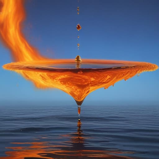 An image of flat earth within a droplet of fire falling through the air into water in Surrealist style