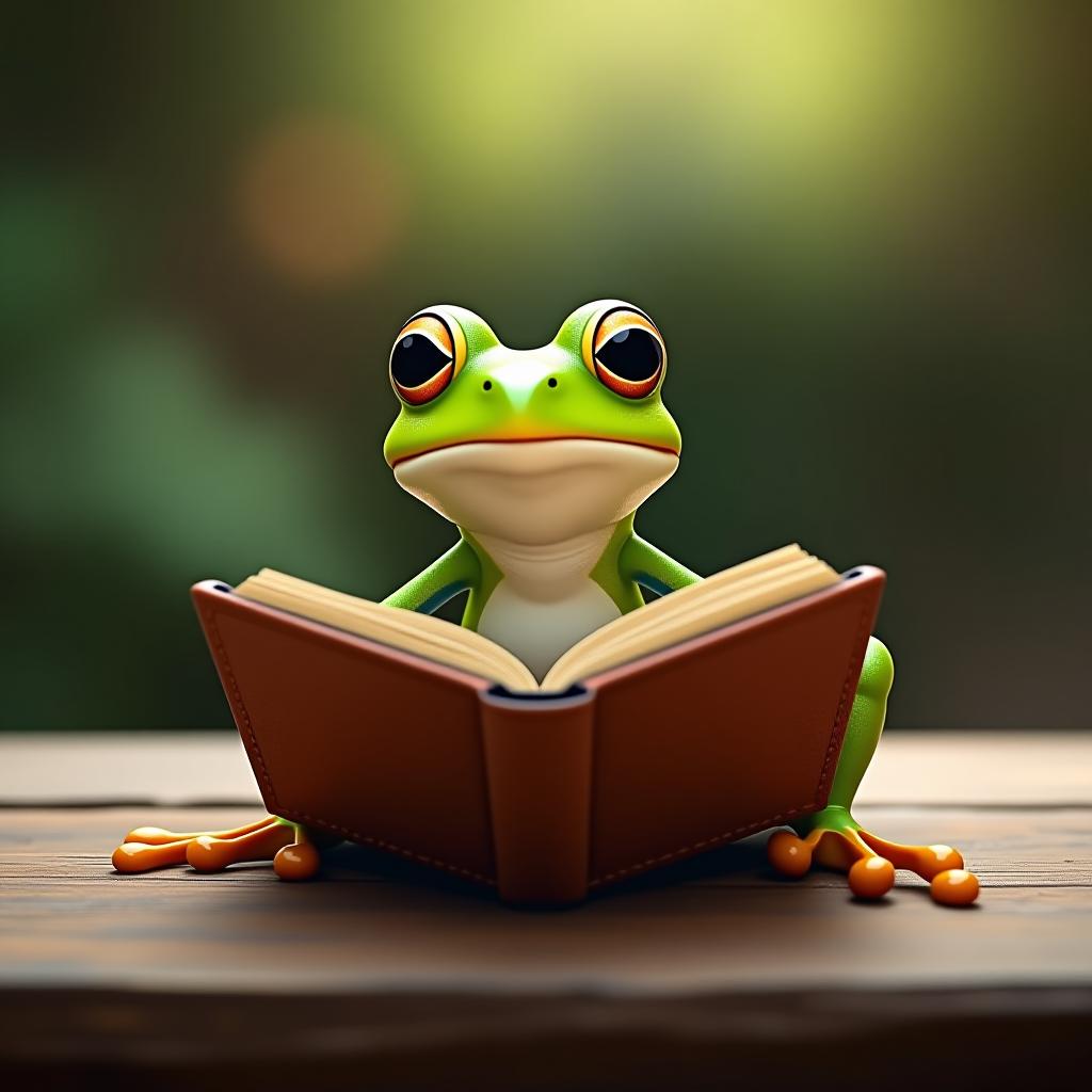  a funny frog reading book on wooden table. created with genera