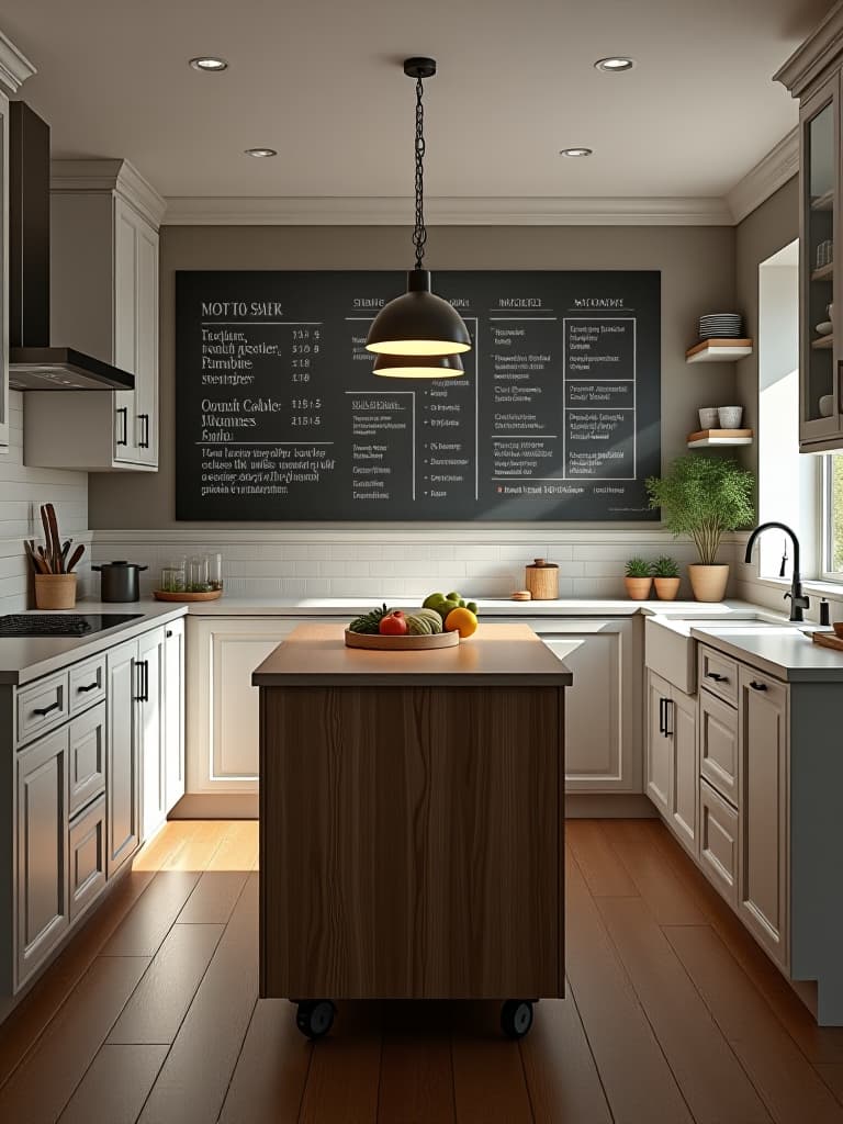  high quality portrait photo of a small kitchen with a central island on wheels, surrounded by built in appliances, floor to ceiling storage, and a large chalkboard wall for meal planning hyperrealistic, full body, detailed clothing, highly detailed, cinematic lighting, stunningly beautiful, intricate, sharp focus, f/1. 8, 85mm, (centered image composition), (professionally color graded), ((bright soft diffused light)), volumetric fog, trending on instagram, trending on tumblr, HDR 4K, 8K