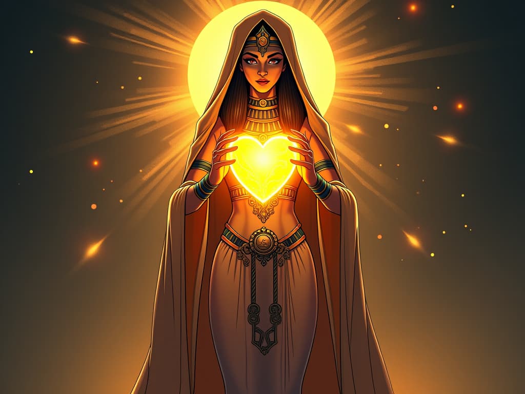  a radiant heart shaped artifact, glowing with divine energy, held by a large busted priestess in a tight, sheer gown, symbolizing resonant power. the style is digital art illustration / modern comic book / mysterious occult, symbolic, esoteric vibe,high detail on character design, incorporating ancient egyptian symbology and attire.