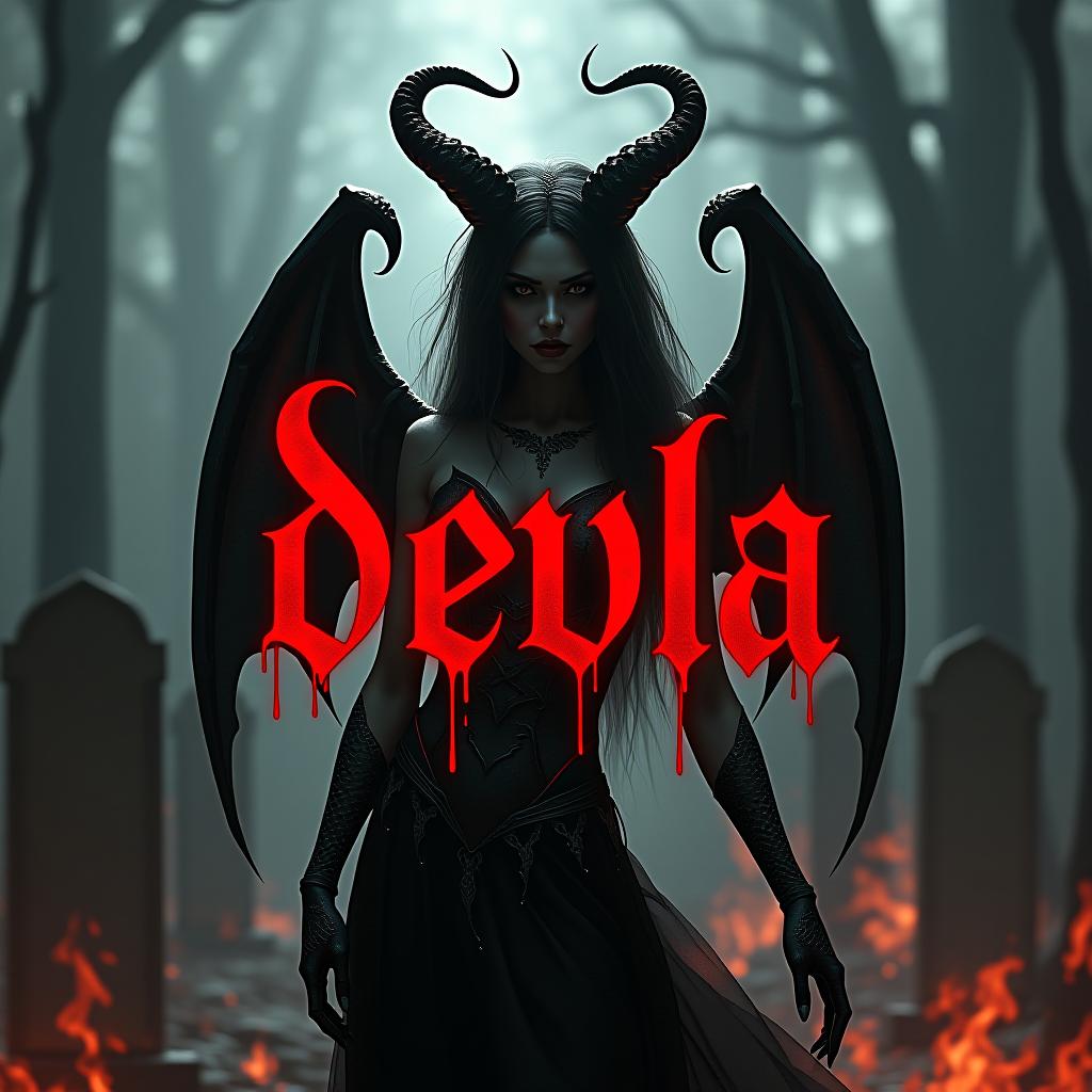  the inscription "devla" is gothic, bloody, against a cemetery background with flames around it, and the inscription is positioned on the figure of the demoness lilith.