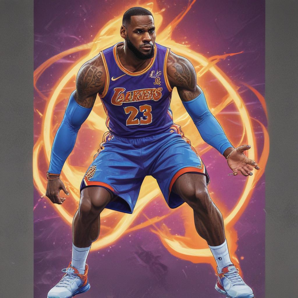 distance-shot, flashy, full-body, dynamic, holographic, animated cartoon poster of lebron james in the style of dragon ball super