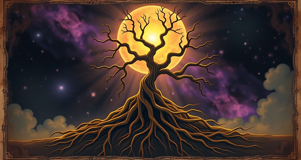  roots of success, glowing and intertwined, cosmic universe in the backdrop, colors of gold and deep purple, growth, divine timing. an illustration in the style of a worn, mystical old tarot trump card, mysterious and elements of surrealism. the colors are muted, somber and eerie, but with contrast bring out an occult and esoteric vibe.