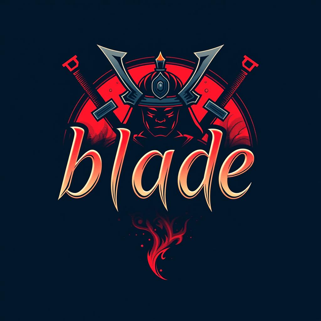  logo, emblem logo, with the written text ‘blade’, samurai theme, red and blue.