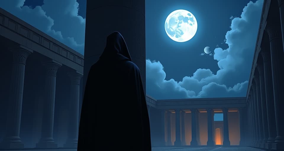  a dark robed figure under a moonlit sky, standing behind a tall stone column, with only their eyes visible, observing the illuminated courtyard ahead. the style is digital art illustration / modern comic book / mysterious occult, symbolic, esoteric vibe,high detail on character design, incorporating ancient egyptian symbology and attire.