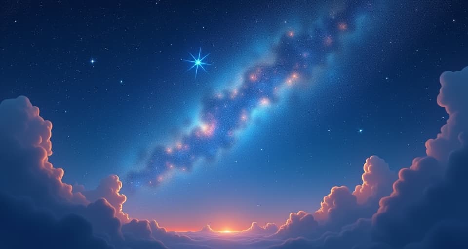  a vast night sky above, alive with stars and celestial phenomena. an ethereal sky, glowing softly, responding to the awakening, reflecting a deeper connection with the universe.. the style is digital art illustration,highly detailed, whimsical,magical, dreamlike atmosphere, realism and fantasy blend, smooth, glossy textures,luminous quality, wonder and enchantment.