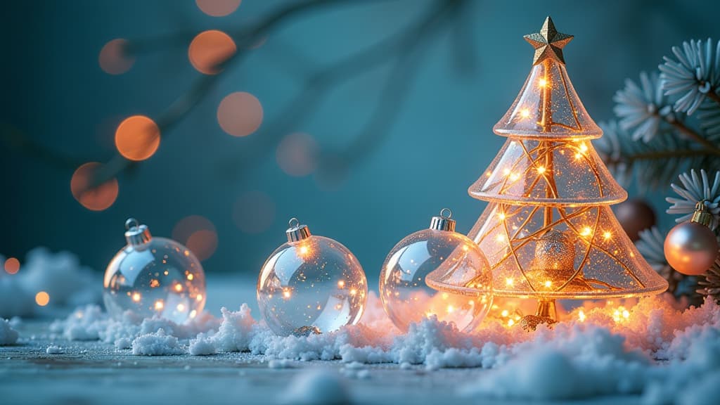  garland made from lot of glass transparent balls, inside the balls there are neon golden glowing lights, shape christmas tree without wood, festive blurred pastel blue background ar 9:16 ar 16:9 {prompt}, maximum details