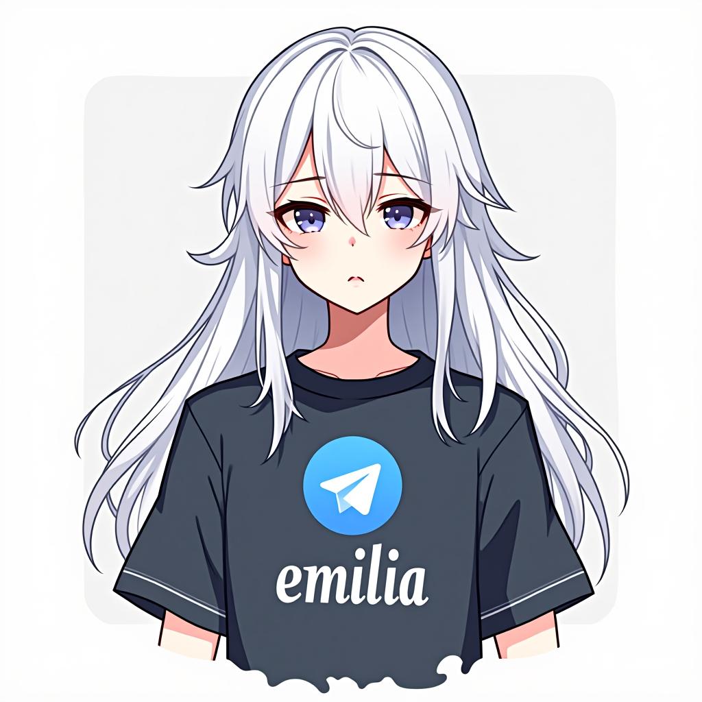  create an image of a character inspired by emilia from re:zero, featuring long white hair and an elegant appearance. the character should be wearing a shirt with the telegram logo, embodying peace and serenity. the design should be simple with a minimalistic background, and include the name 'emilia' in a stylish font