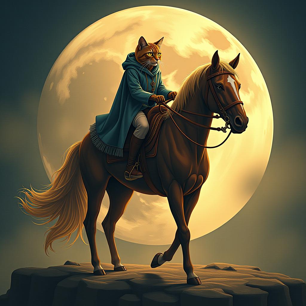  a cat riding a horse, hand drawn, on the moon, studio light, hdr 4k hyperrealistic, full body, detailed clothing, highly detailed, cinematic lighting, stunningly beautiful, intricate, sharp focus, f/1. 8, 85mm, (centered image composition), (professionally color graded), ((bright soft diffused light)), volumetric fog, trending on instagram, trending on tumblr, HDR 4K, 8K