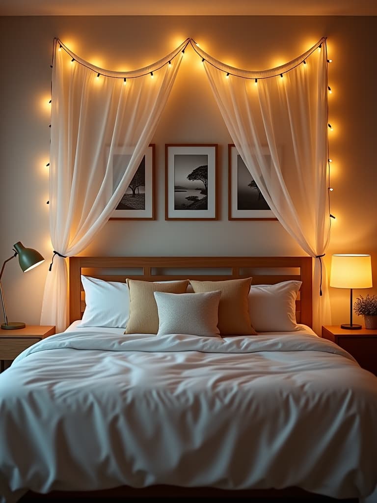  high quality portrait photo of a rental bedroom with a diy fabric headboard, string lights creating a canopy effect, and a gallery wall of framed prints hung with damage free hooks hyperrealistic, full body, detailed clothing, highly detailed, cinematic lighting, stunningly beautiful, intricate, sharp focus, f/1. 8, 85mm, (centered image composition), (professionally color graded), ((bright soft diffused light)), volumetric fog, trending on instagram, trending on tumblr, HDR 4K, 8K