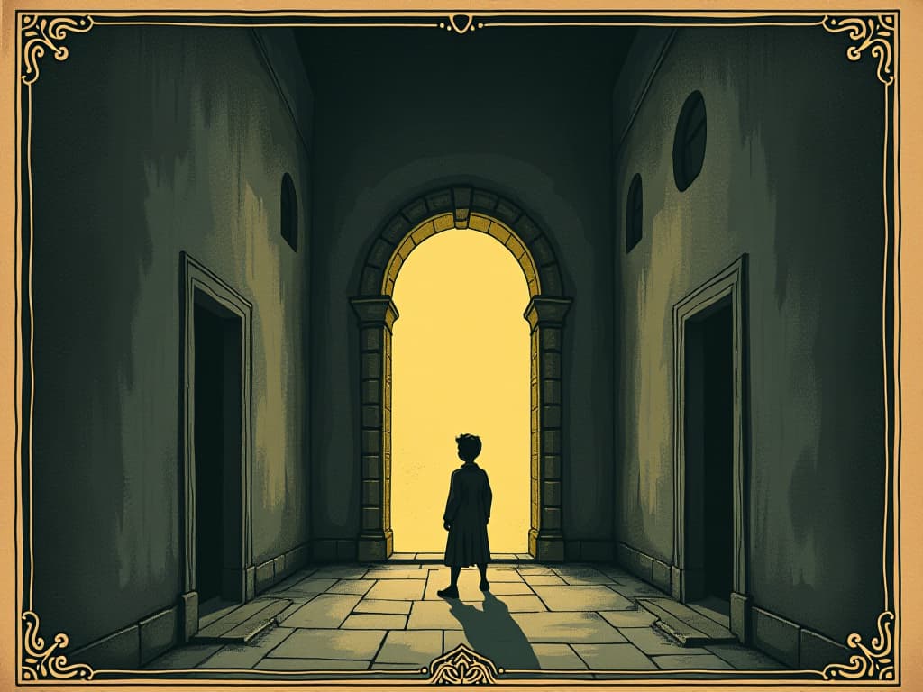  a glowing portal appearing in an alley, a person looking curiously toward it, shadows surrounding, sense of unknown opportunities, divine invitation. an illustration in the style of a worn, mystical old tarot trump card, mysterious and elements of surrealism. the colors are muted, somber and eerie, but with contrast bring out an occult and esoteric vibe.